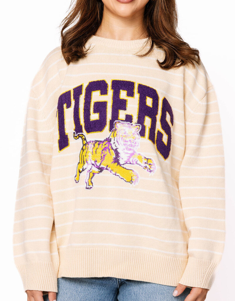 Queen of Sparkles Licensed LSU Beige Stripe Vintage Team Sweater