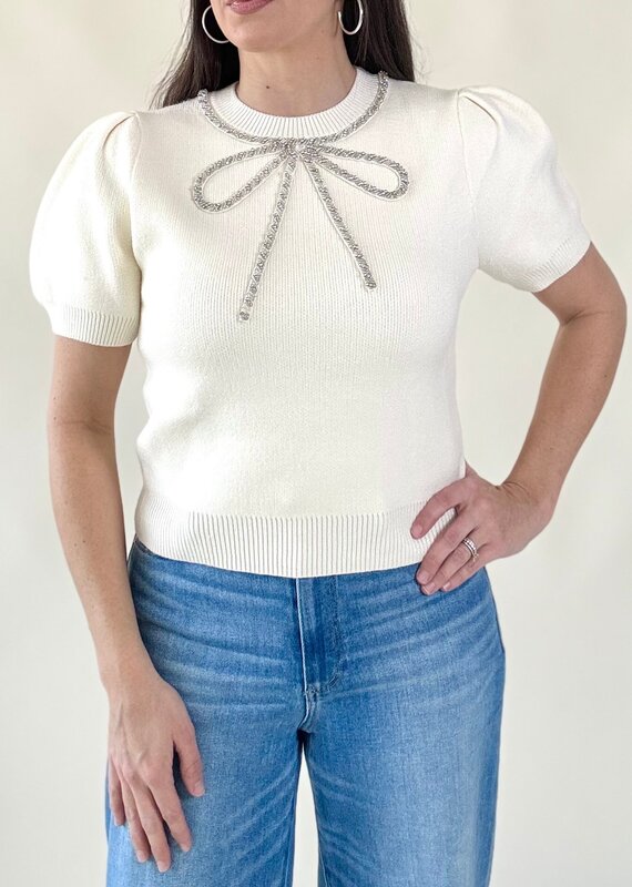 Holiday Bow Sweater Top Ivory