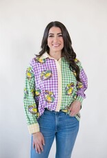 Queen of Sparkles Colorblock Mardi Gras Gingham King Cake Button Up