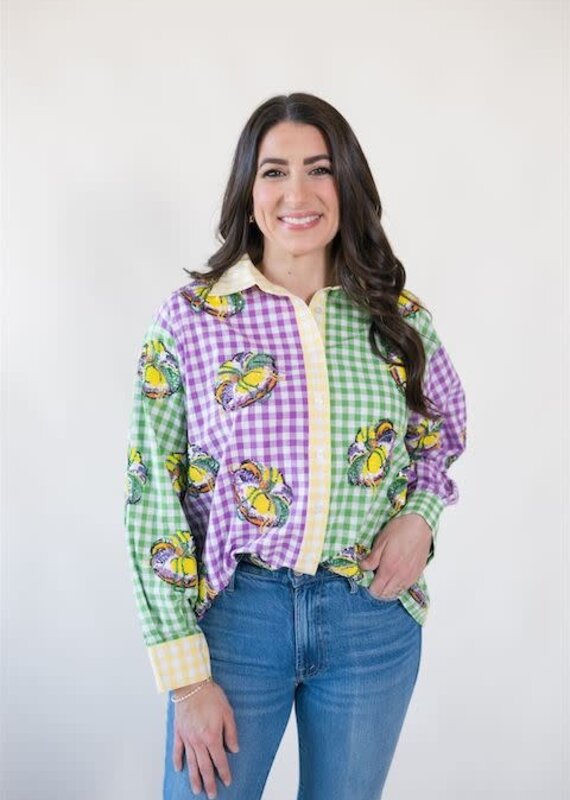Queen of Sparkles Colorblock Mardi Gras Gingham King Cake Button Up