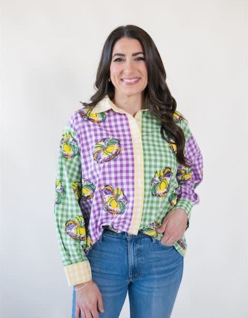 Queen of Sparkles Colorblock Mardi Gras Gingham King Cake Button Up