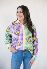 Queen of Sparkles Colorblock Mardi Gras Gingham King Cake Button Up
