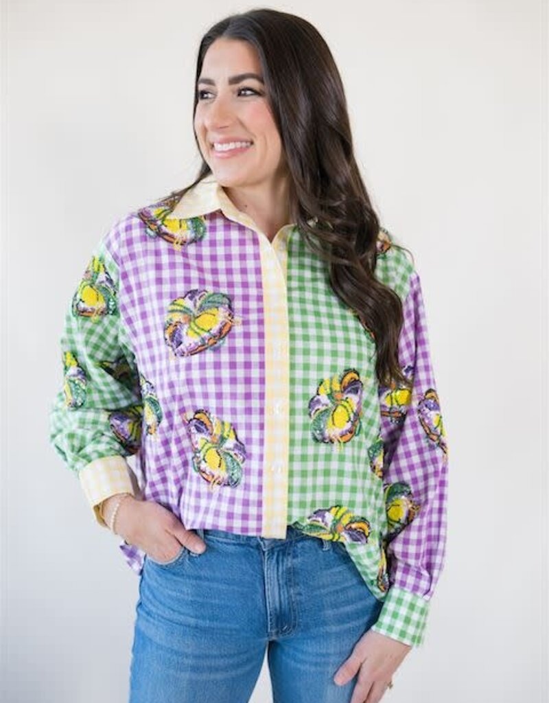 Queen of Sparkles Colorblock Mardi Gras Gingham King Cake Button Up