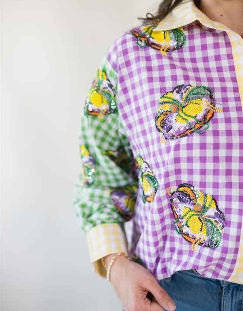 Queen of Sparkles Colorblock Mardi Gras Gingham King Cake Button Up