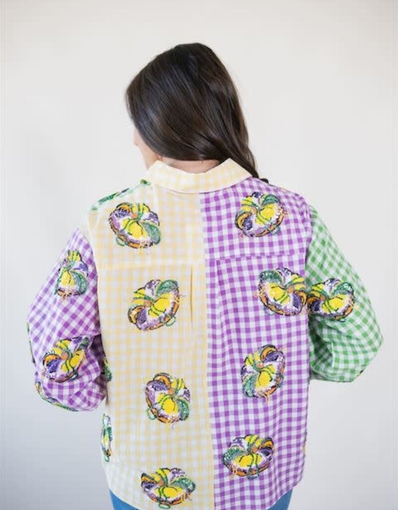 Queen of Sparkles Colorblock Mardi Gras Gingham King Cake Button Up