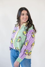 Queen of Sparkles Colorblock Mardi Gras Gingham King Cake Button Up