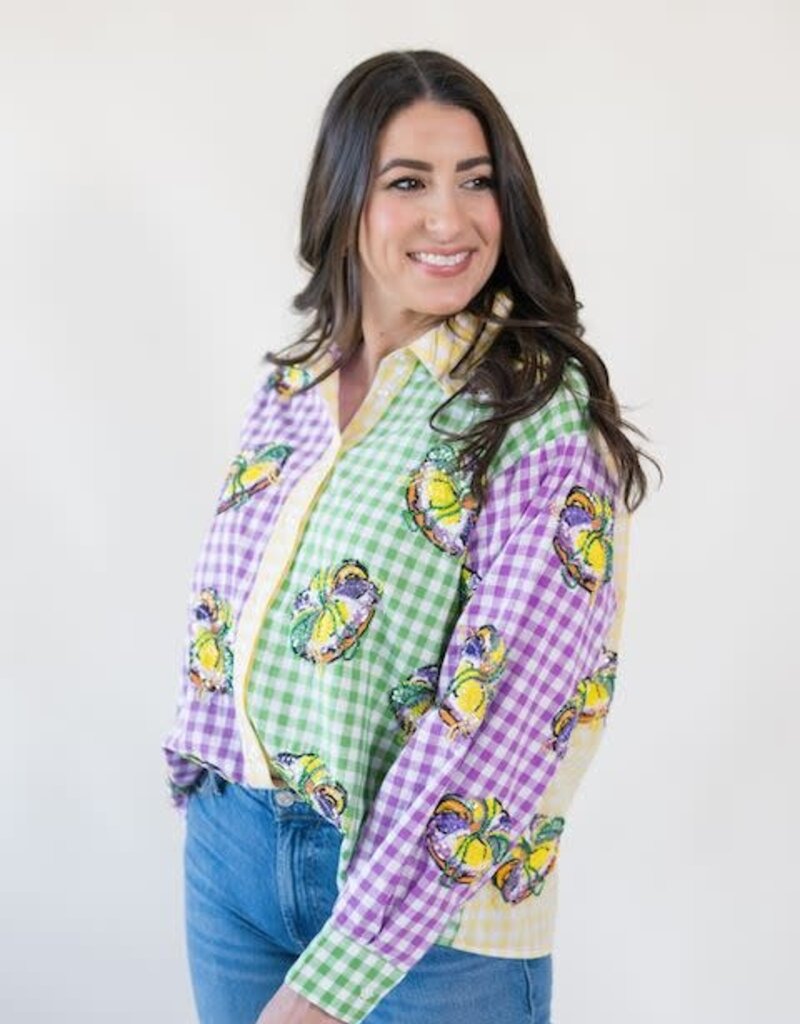 Queen of Sparkles Colorblock Mardi Gras Gingham King Cake Button Up