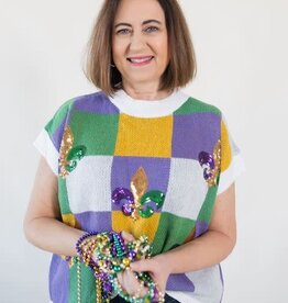 Mardi Gras Check Fleur de Lis Sweater Top