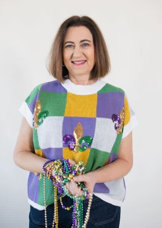 Mardi Gras Check Fleur de Lis Sweater Top