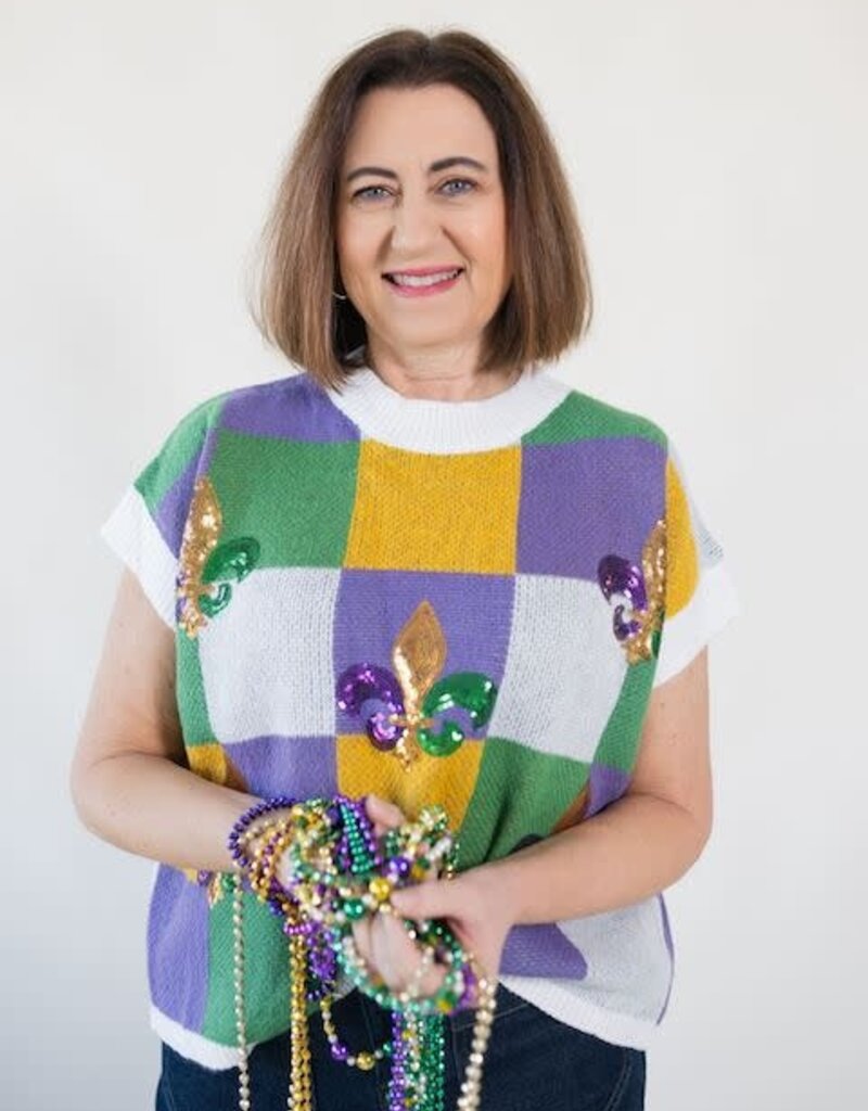 Mardi Gras Check Fleur de Lis Sweater Top