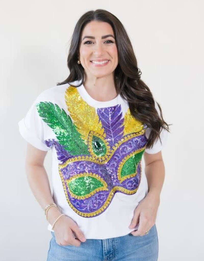 Mardi Gras Mask Sequin Cuff Sleeve Tee