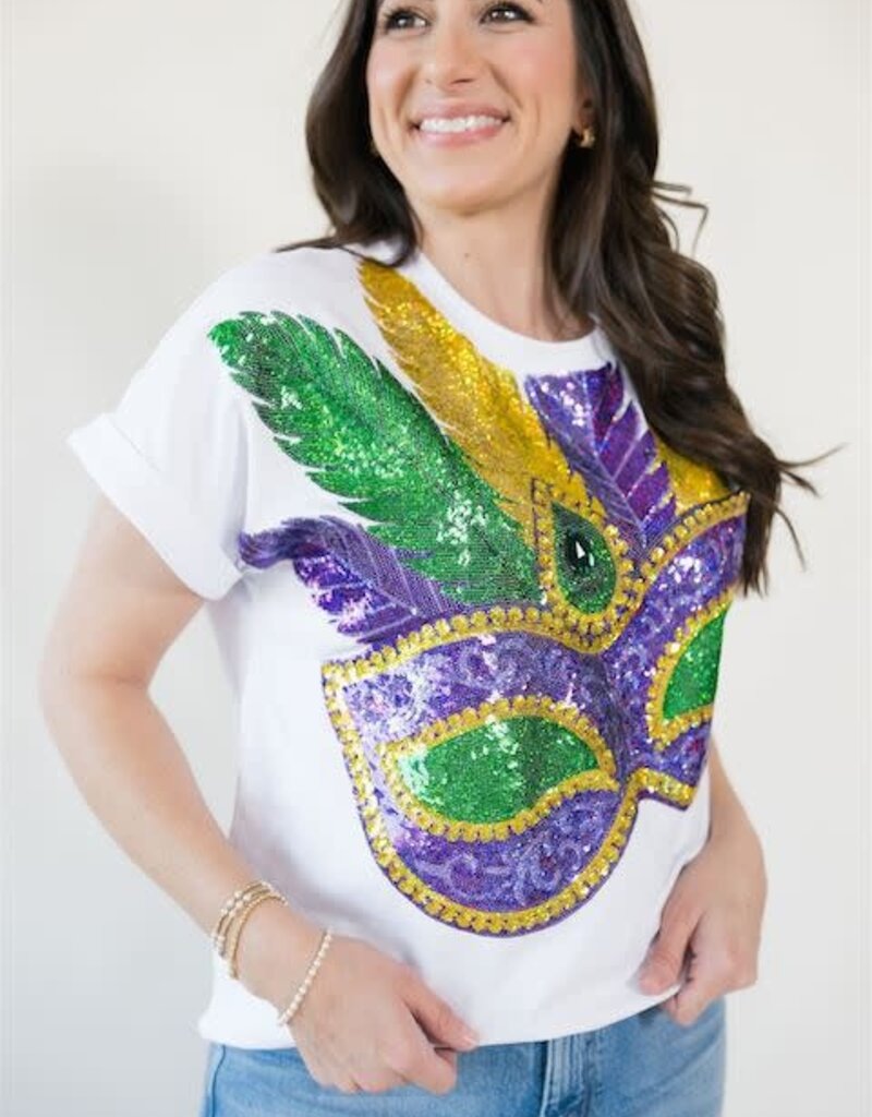 Mardi Gras Mask Sequin Cuff Sleeve Tee