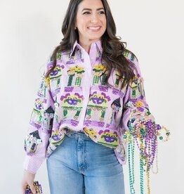 Queen of Sparkles Purple & White Gingham Mardi Gras Porches Button Up