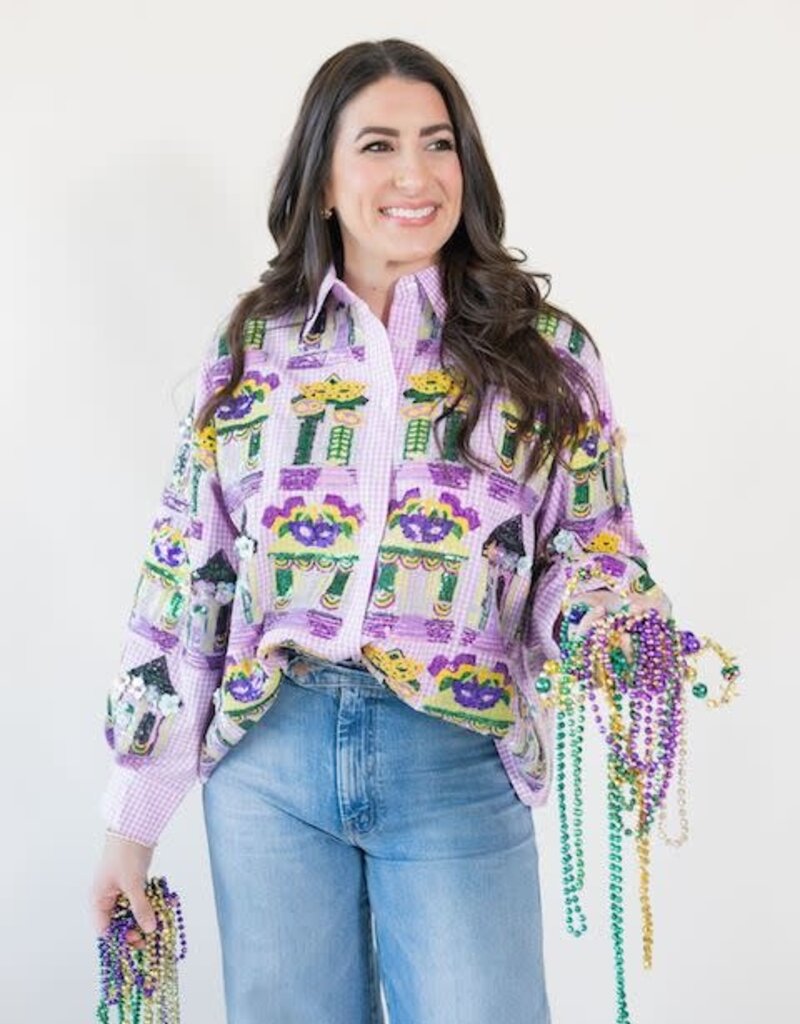 Queen of Sparkles Purple & White Gingham Mardi Gras Porches Button Up