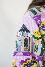 Queen of Sparkles Purple & White Gingham Mardi Gras Porches Button Up