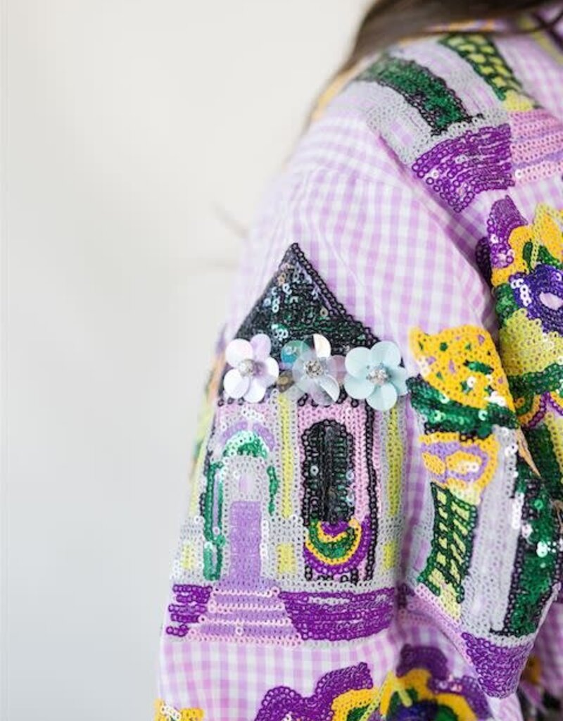 Queen of Sparkles Purple & White Gingham Mardi Gras Porches Button Up