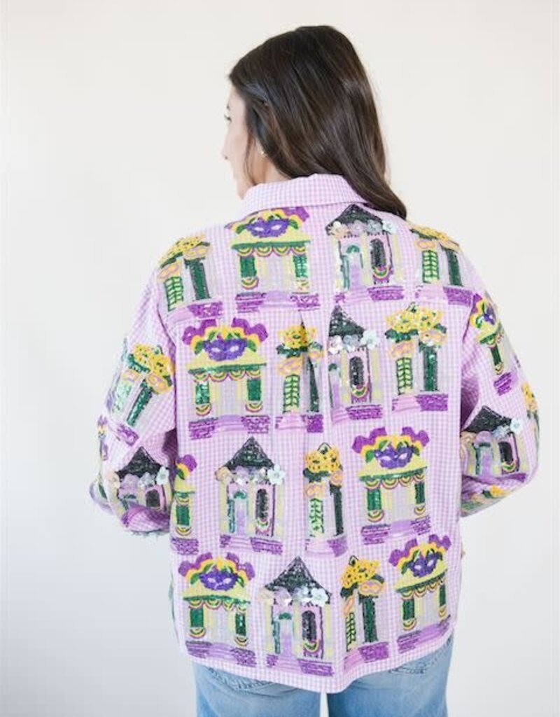 Queen of Sparkles Purple & White Gingham Mardi Gras Porches Button Up