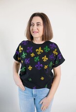 Scattered Mardi Gras Fleur de Lis Cuff Sleeve Tee