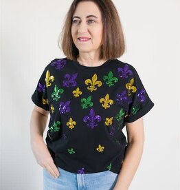 Scattered Mardi Gras Fleur de Lis Cuff Sleeve Tee