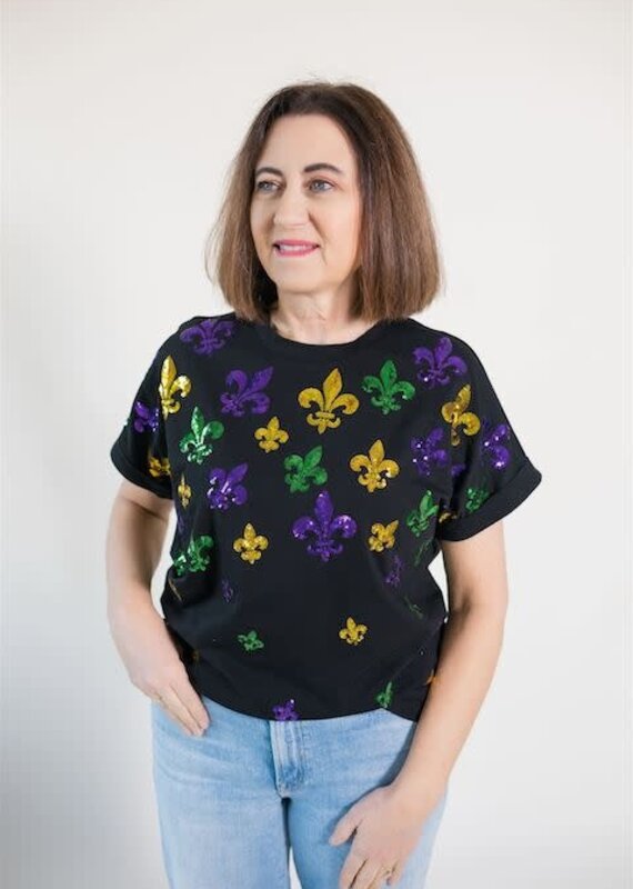 Scattered Mardi Gras Fleur de Lis Cuff Sleeve Tee