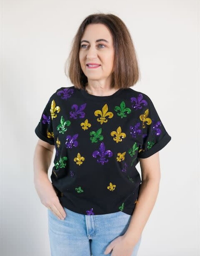 Scattered Mardi Gras Fleur de Lis Cuff Sleeve Tee