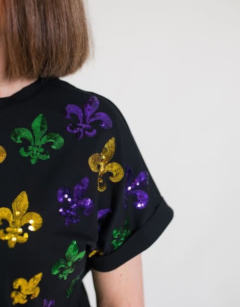 Scattered Mardi Gras Fleur de Lis Cuff Sleeve Tee