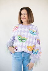 Queen of Sparkles Lavender & White Diamond Multi Mask Feather Sleeve Sweater