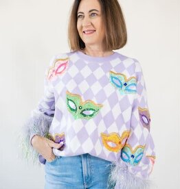 Queen of Sparkles Lavender & White Diamond Multi Mask Feather Sleeve Sweater