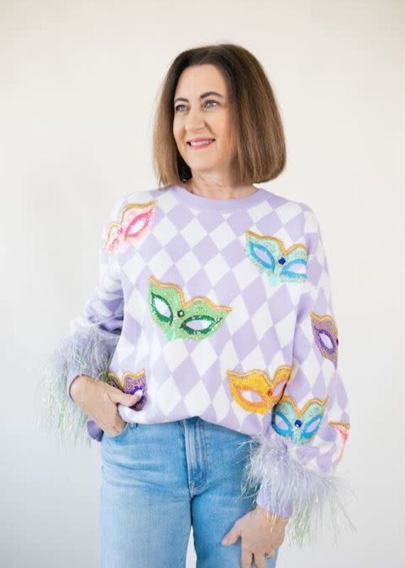 Queen of Sparkles Lavender & White Diamond Multi Mask Feather Sleeve Sweater