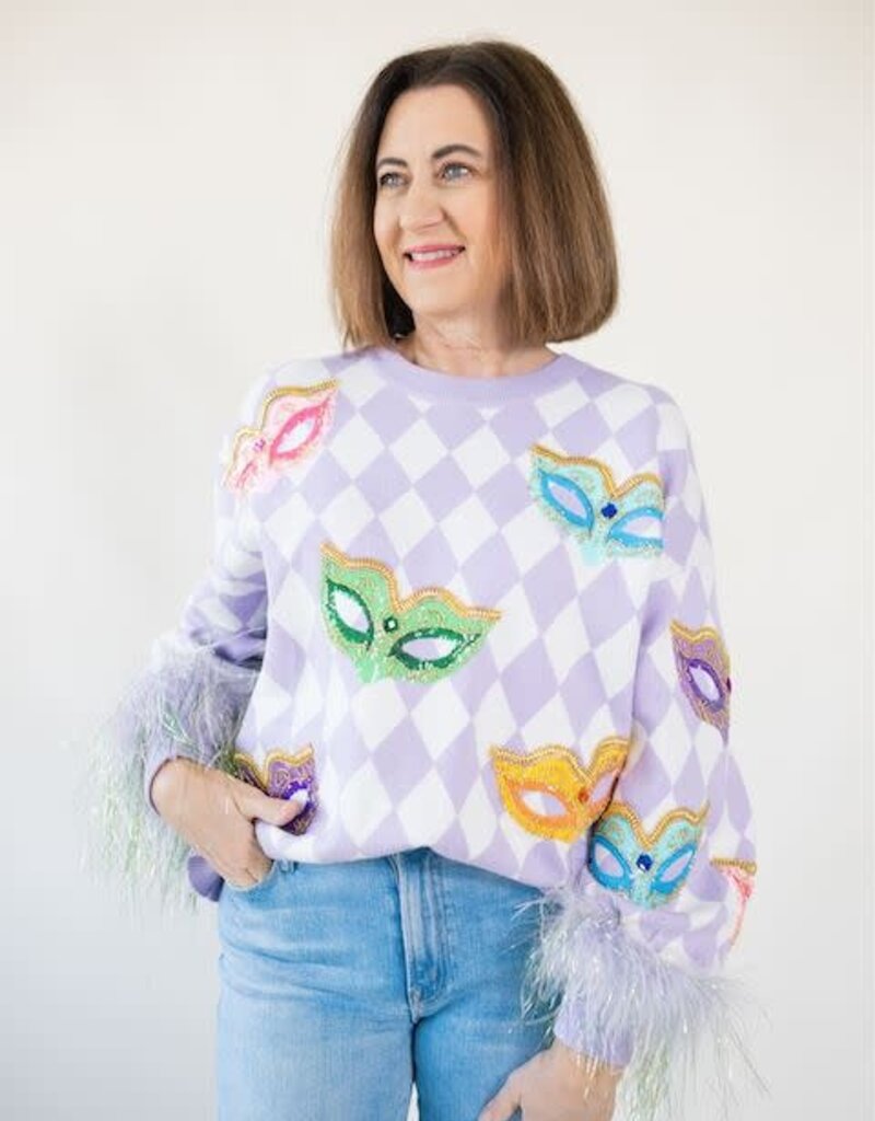 Queen of Sparkles Lavender & White Diamond Multi Mask Feather Sleeve Sweater