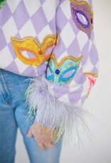Queen of Sparkles Lavender & White Diamond Multi Mask Feather Sleeve Sweater