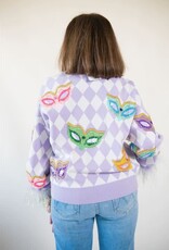 Queen of Sparkles Lavender & White Diamond Multi Mask Feather Sleeve Sweater