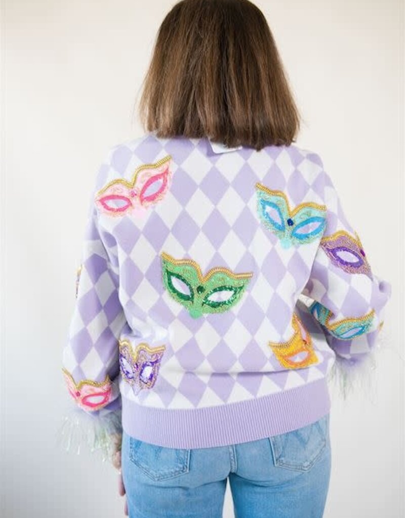 Queen of Sparkles Lavender & White Diamond Multi Mask Feather Sleeve Sweater
