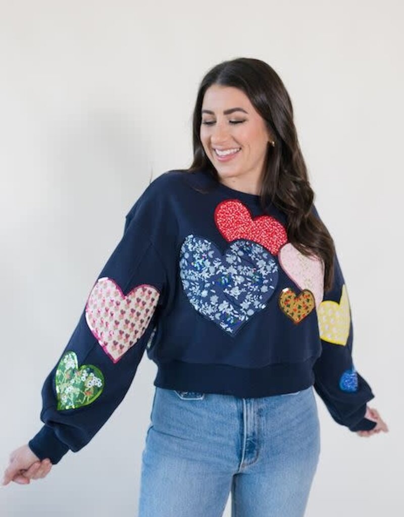 Queen of Sparkles Navy Multi Embroidered Hearts Sweatshirt