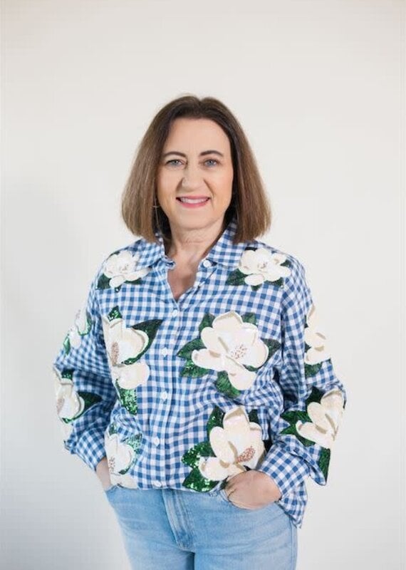 Queen of Sparkles Blue & White Checkered Magnolia Button Up