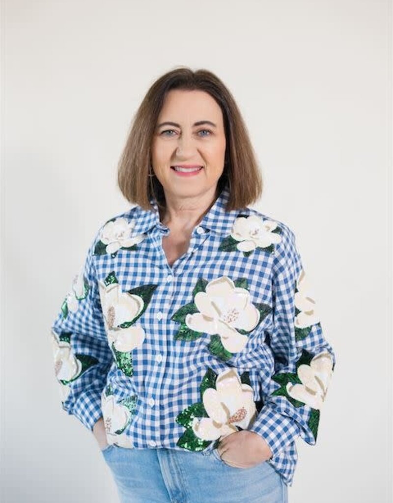 Queen of Sparkles Blue & White Checkered Magnolia Button Up