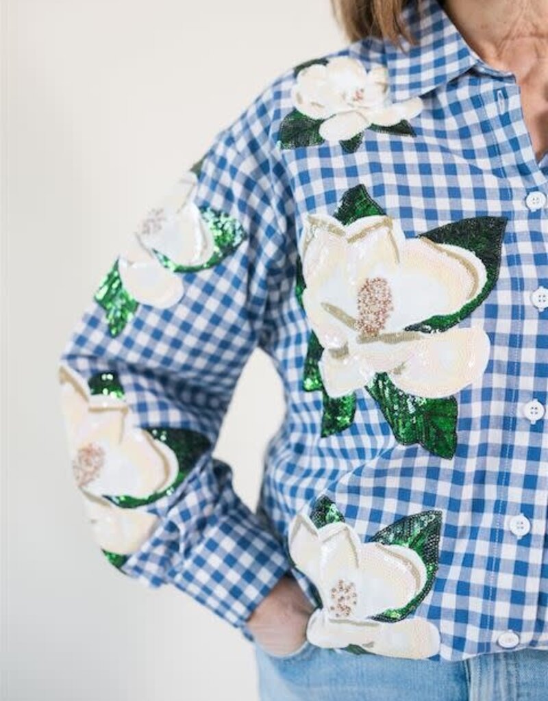 Queen of Sparkles Blue & White Checkered Magnolia Button Up