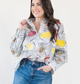 Queen of Sparkles Black & White Seafood On Newspaper Button Up