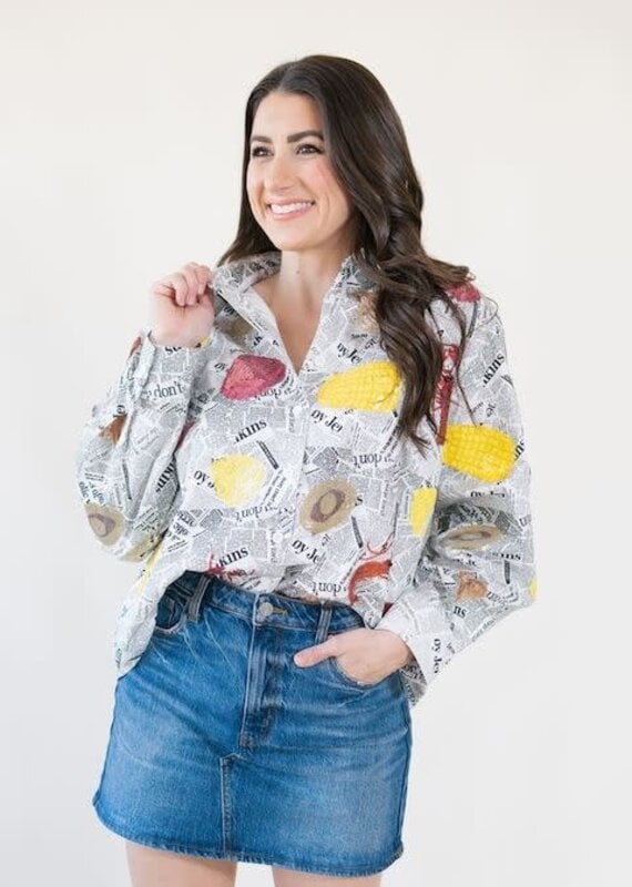 Queen of Sparkles Black & White Seafood On Newspaper Button Up