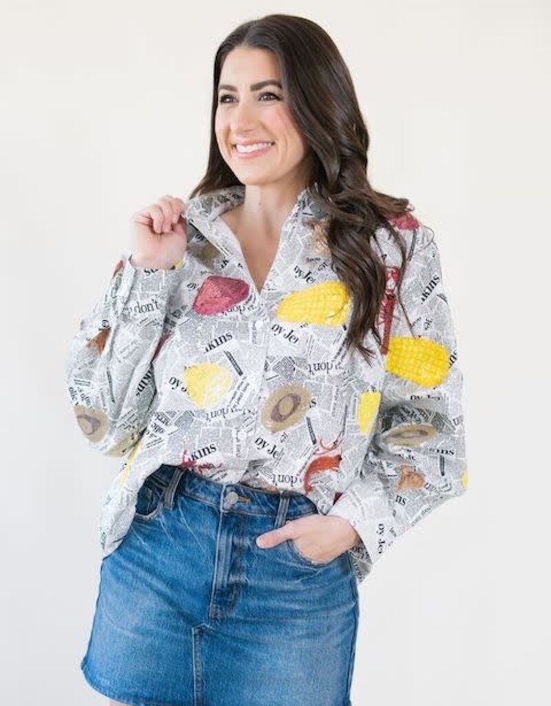 Queen of Sparkles Black & White Seafood On Newspaper Button Up