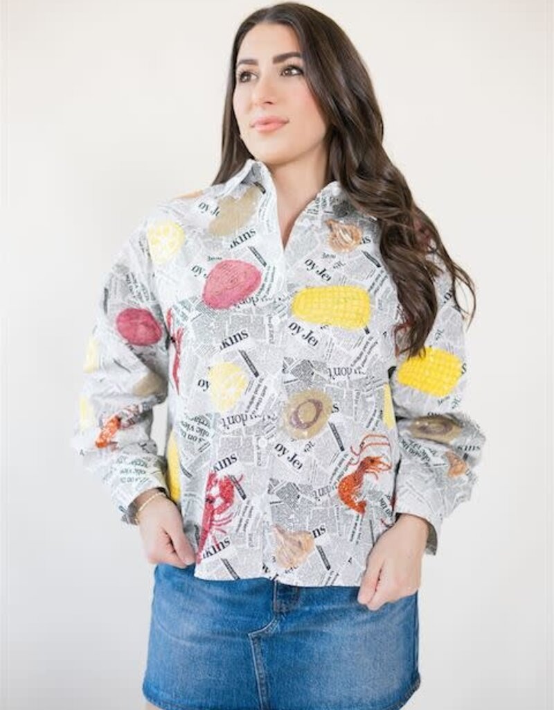 Queen of Sparkles Black & White Seafood On Newspaper Button Up