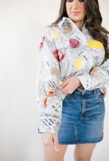 Queen of Sparkles Black & White Seafood On Newspaper Button Up