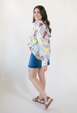 Queen of Sparkles Black & White Seafood On Newspaper Button Up