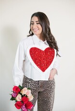 Queen of Sparkles White & Red Jeweled Ruffle Heart Button Up