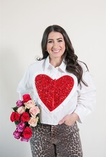 Queen of Sparkles White & Red Jeweled Ruffle Heart Button Up