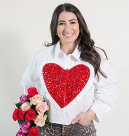 Queen of Sparkles White & Red Jeweled Ruffle Heart Button Up