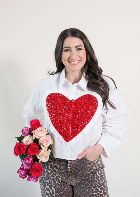 Queen of Sparkles White & Red Jeweled Ruffle Heart Button Up