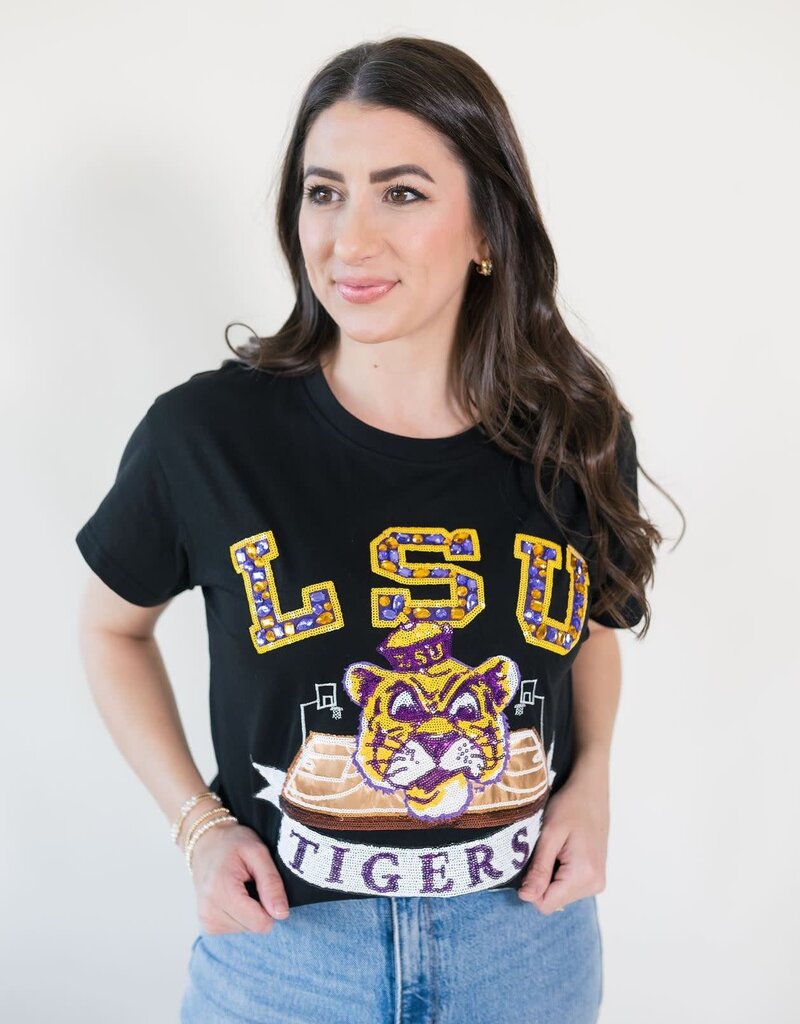 Queen of Sparkles Licensed Black LSU Basketball Court Tee