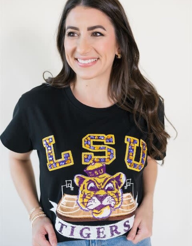 Queen of Sparkles Licensed Black LSU Basketball Court Tee