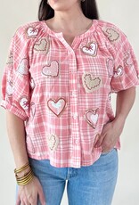 Queen of Sparkles Light Pink & White Plaid Heart Cookies Button Up